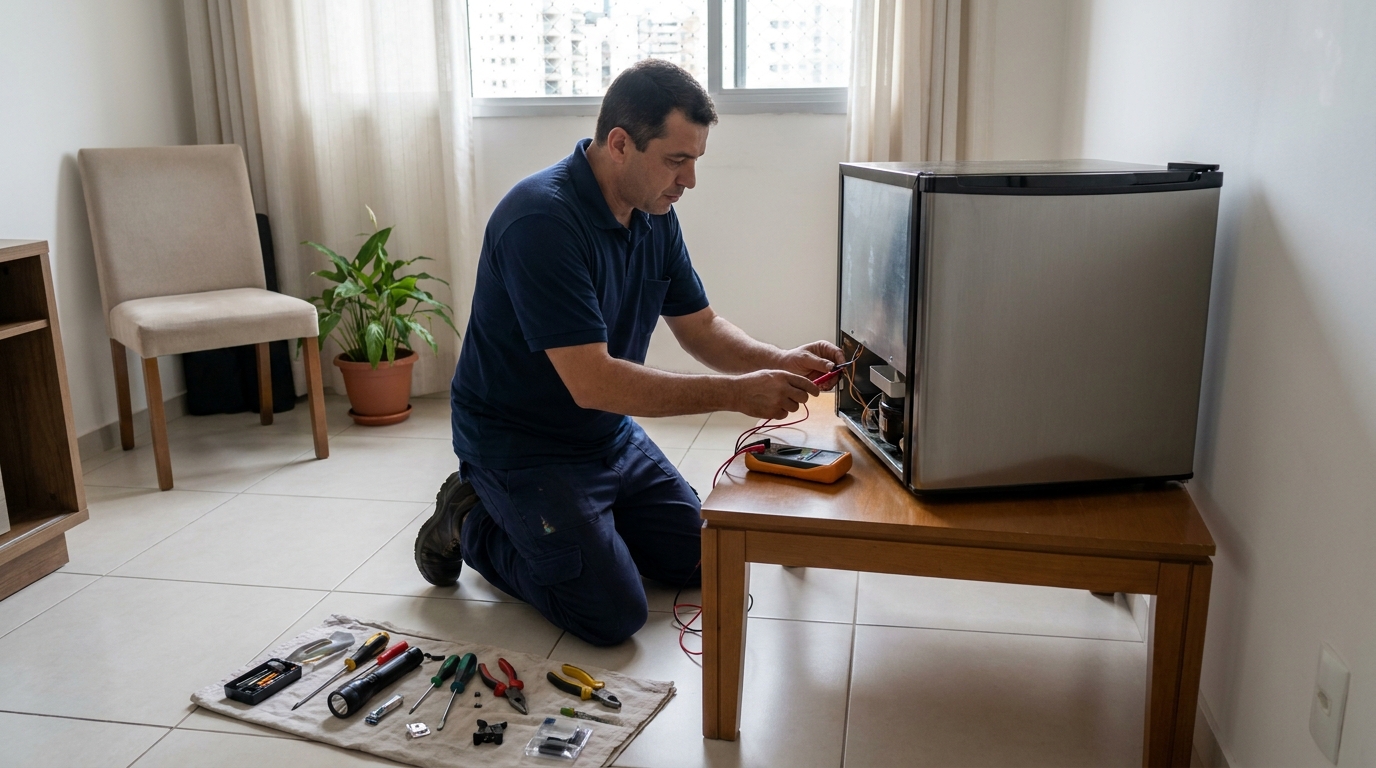 Técnico revisando o motor de um frigobar em João Pessoa‑PB